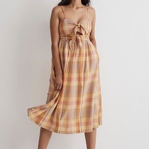 NWT Madewell Double-Tie cutout sweetheart midi dress plaid Small Medium Orange